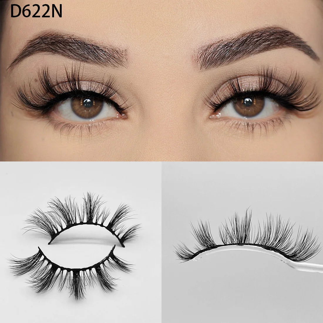 8D Wispy Cat Eye Fox Faux Mink Lashes 5 Pairs Full Strip Winged Eyelashes Pack - Natural Long / plastic lashes tray / D622N