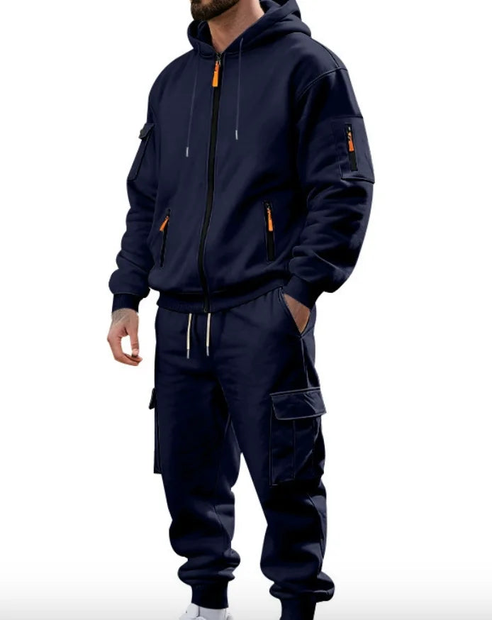 Vintage Acid Washed Heavyweight Casual Solid Plus Size Eco-Friendly Windproof Hooded Tracksuit Stylish Distressed Winter Hoodie - Navy