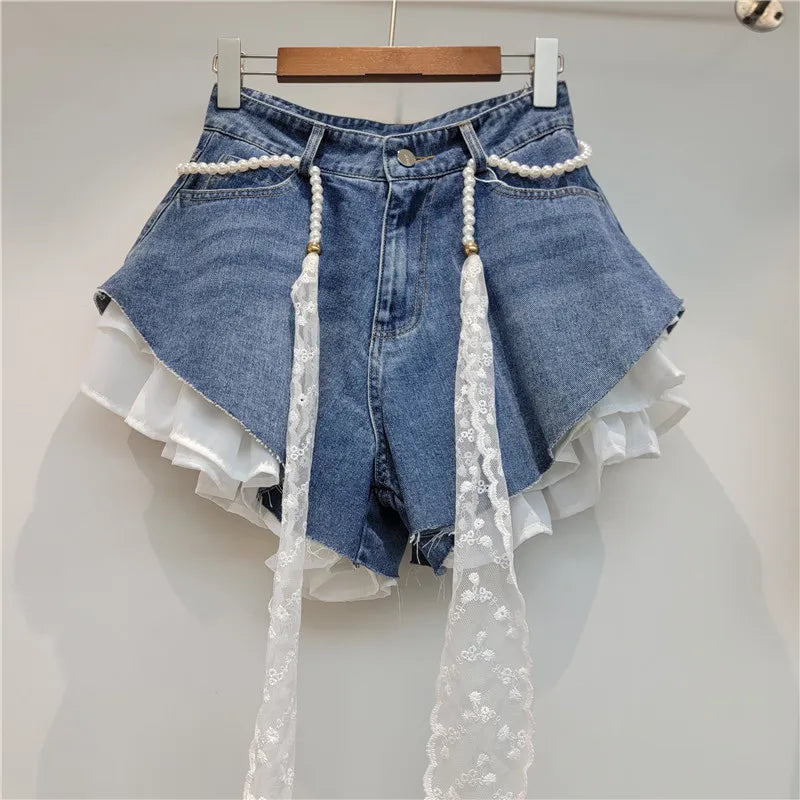 Z6700-2026 New Summer High-Waisted Slimming A-Line Spliced Denim Shorts Wide-Leg Hot Pants Women Jeans