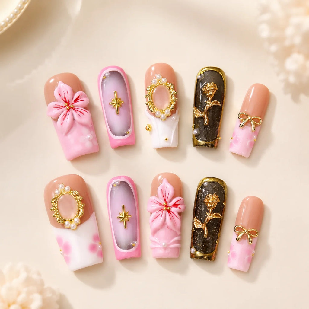 Romantic 3D Floral Artificial Nail Set Pink Bow Mirror Pearl Gold Press on Nails for Nail Salon Supply and Boutique Retail