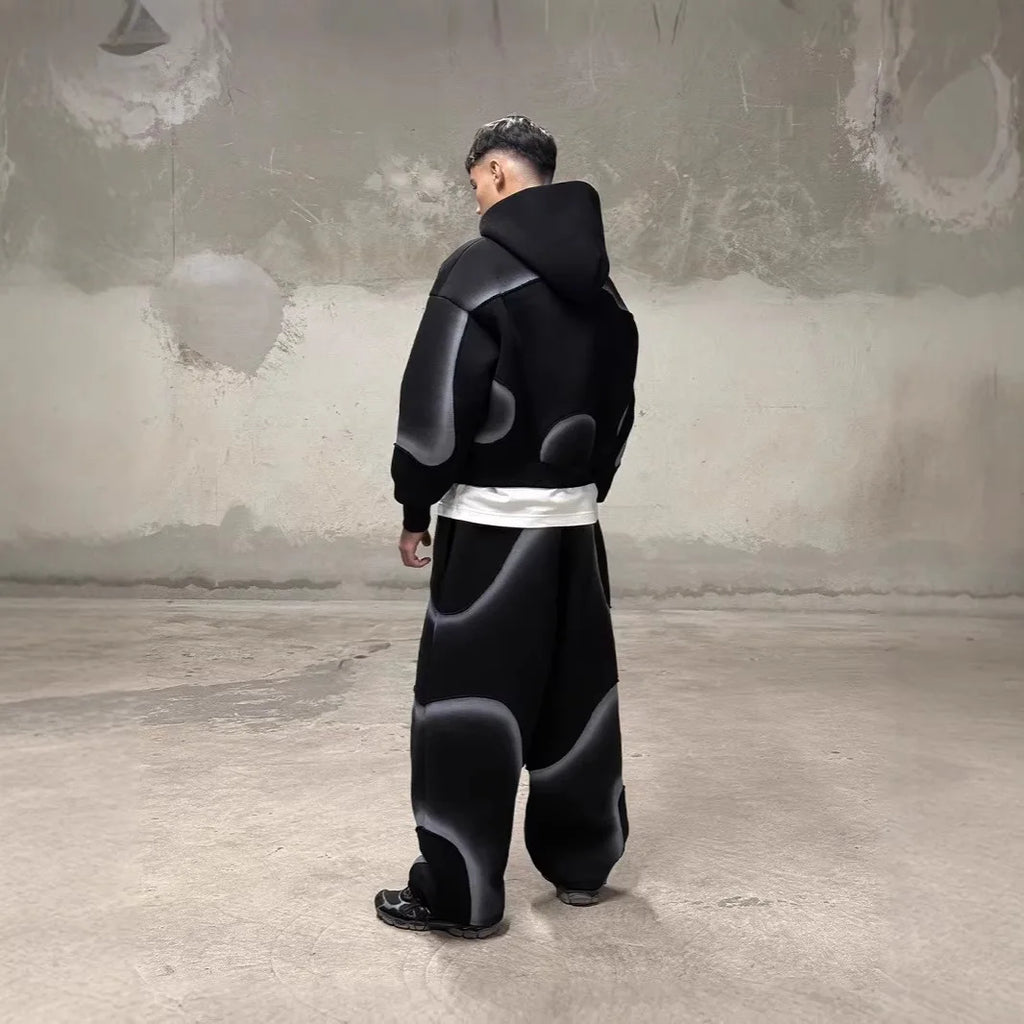 Y2K Deconstructed Gradient Print 2 Pieces Tracksuit Unisex Zip up Cropped Hoodie + Shorts Futuristic Streetwear Sweat Set