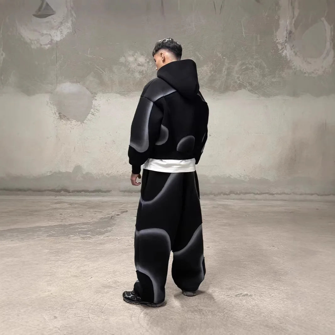 Y2K Deconstructed Gradient Print 2 Pieces Tracksuit Unisex Zip up Cropped Hoodie + Shorts Futuristic Streetwear Sweat Set
