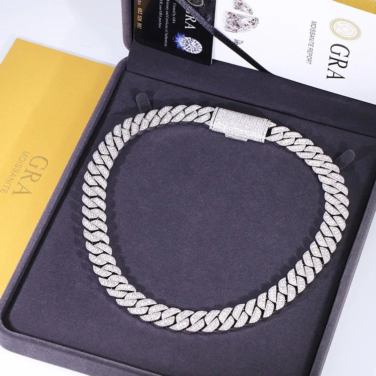 GRA Certificate VVS D Color Moissanite Diamond 15MM Hip Hop Iced Out Raised Cuban Link Chain Jewelry Necklace