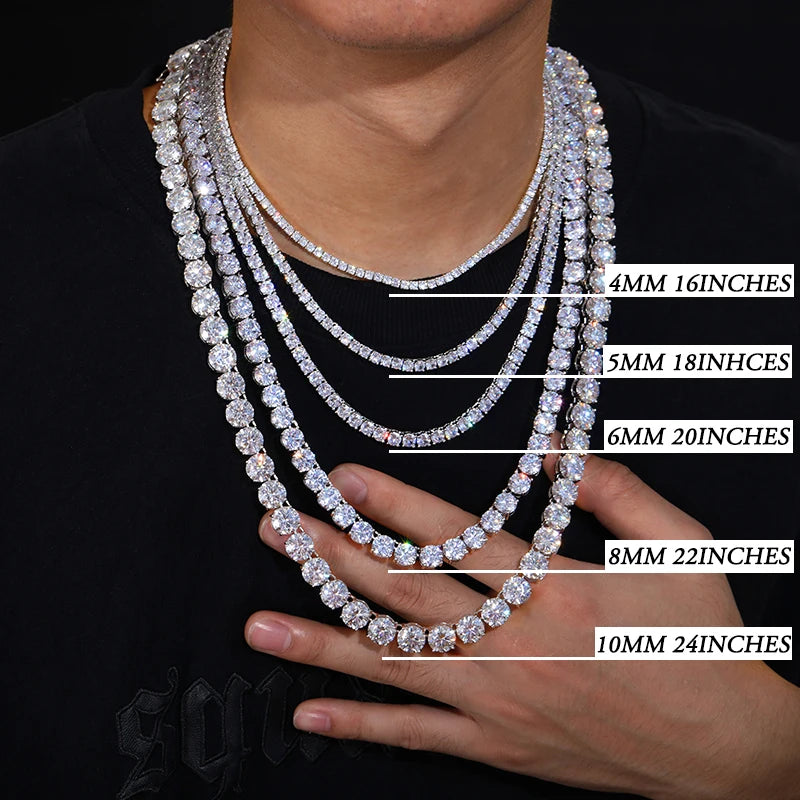 Fine Jewelry White Gold Plated 925 Sterling Silver VVS Moissanite Diamond Cluster Iced Out Tennis Chain Necklace for Men Women