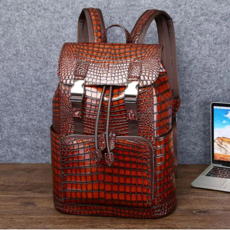 Luxury Men's High Quality Genuine Cowhide Leather Backpack Top Polyester School Bag Durable Closure Hot Sale Direct Luxury Brand - 12 inches / Red brown