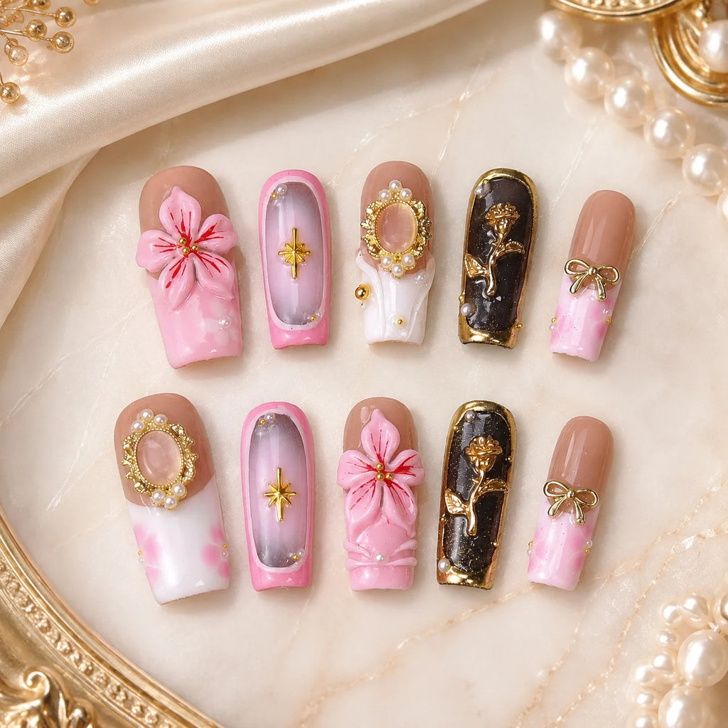 Romantic 3D Floral Artificial Nail Set Pink Bow Mirror Pearl Gold Press on Nails for Nail Salon Supply and Boutique Retail