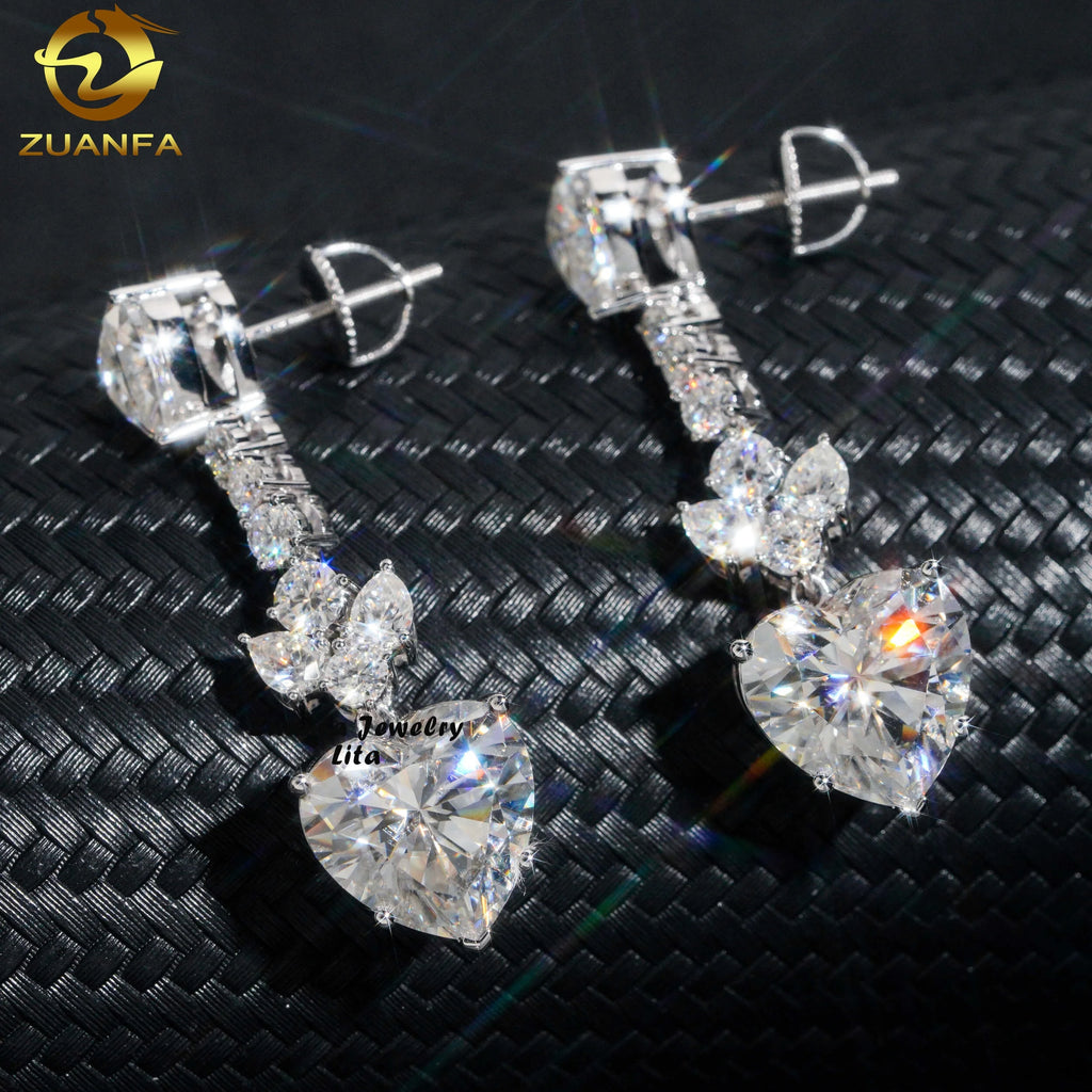Luxury Heart Charm Earring Certified D VVS Diamond Womens 18k Real Gold Moissanite Drop Earrings