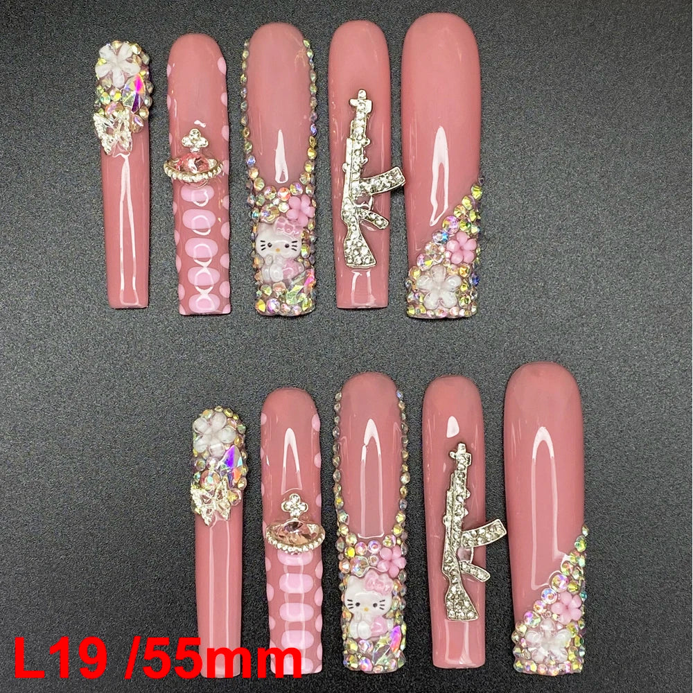 10PCS Full Decorated Soft Gel Thick Acrylic Handmade Nails Press on 55mm Extra Long Salon Design Artificial Fingernail Wholesale - L19 / 50g
