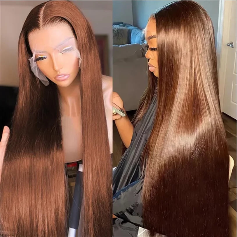 Chocolate Brown Color Wigs Transparent Lace 13x4 Big Frontal Lace Wig 100% Human Hair High 12A Grade Quality With Baby Hair - Brown color wig / 13x4