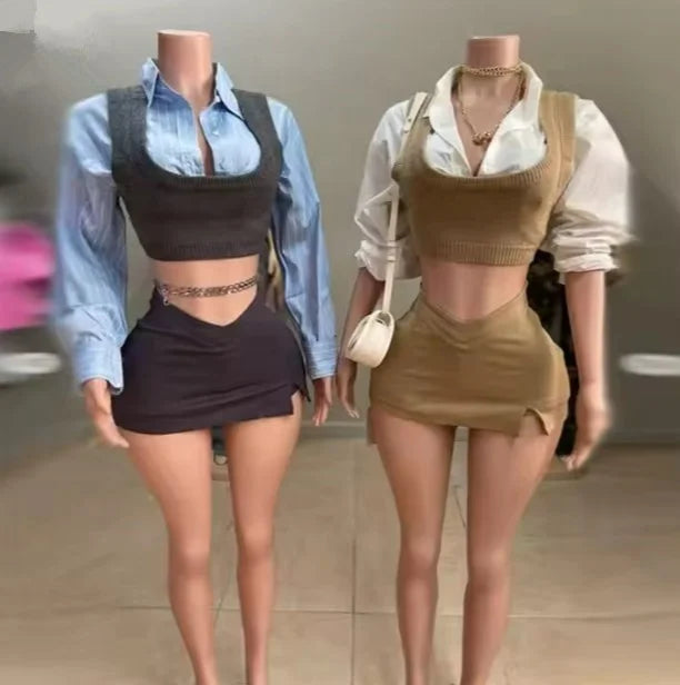 2026 Fall Winter New Arrivals Fashion Boutique Knitted 3 Piece Vest+shirts+skirt Set