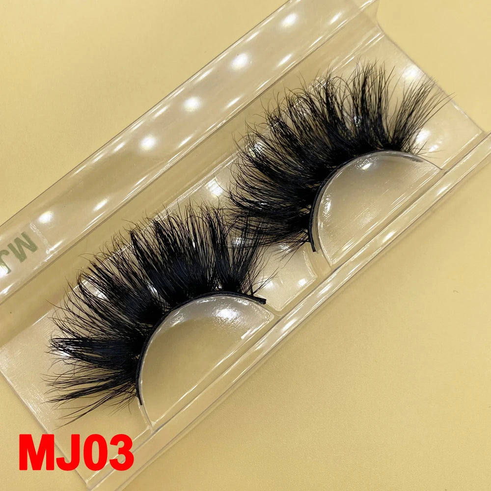 100% Cruelty Free 25mm Super Curl Dense Mink Lashes 3D Wispy Thick Fluffy Russian Strip Eyelashes Custom Logo Private Label - MJ-03 / Long/Fluffy/Thick/Cross