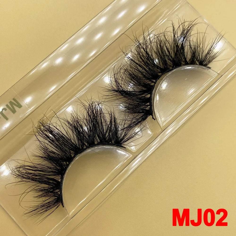 100% Cruelty Free 25mm Super Curl Dense Mink Lashes 3D Wispy Thick Fluffy Russian Strip Eyelashes Custom Logo Private Label - MJ-02 / Long/Fluffy/Thick/Cross