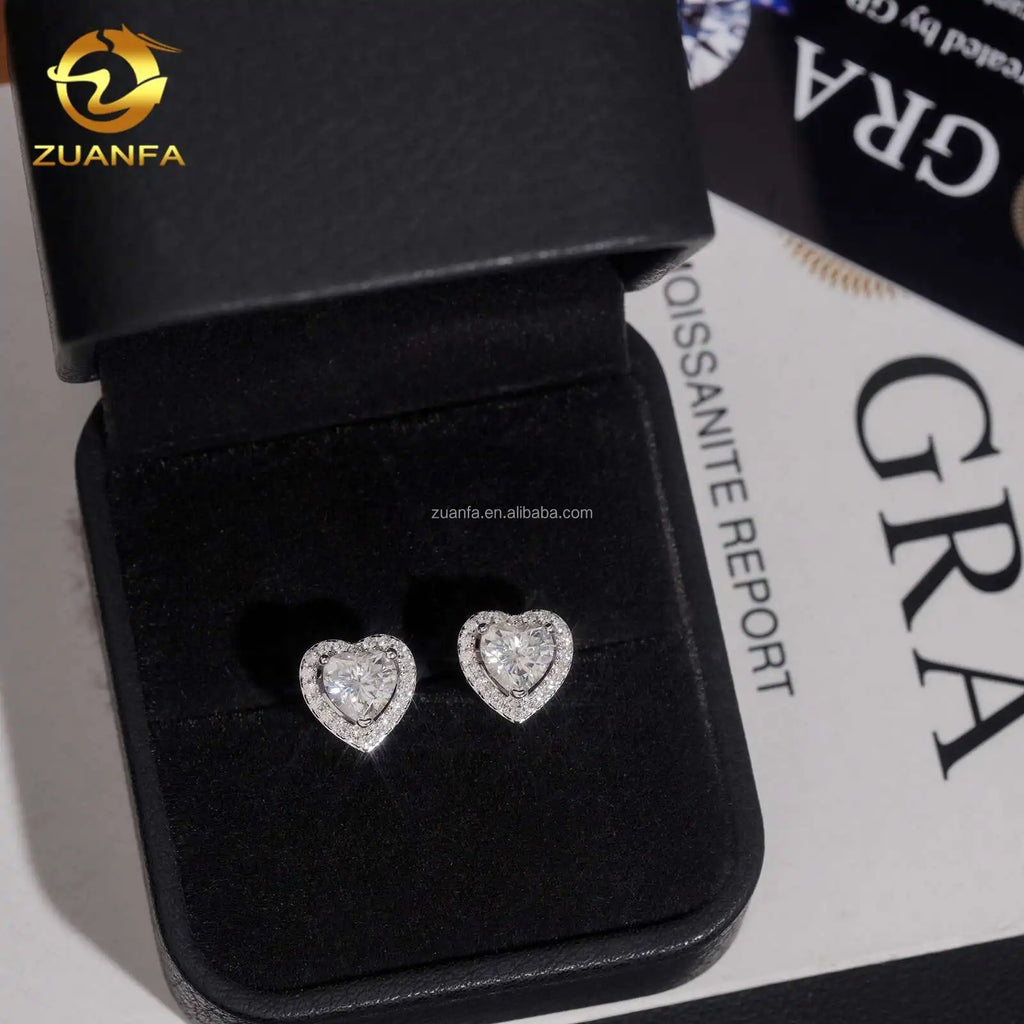 Elegant Style Women Gift Pass Diamond Tester 925 Silver Screw Back Heart Shape Iced Out  Jewelry VVS Moissanite Stud Earrings