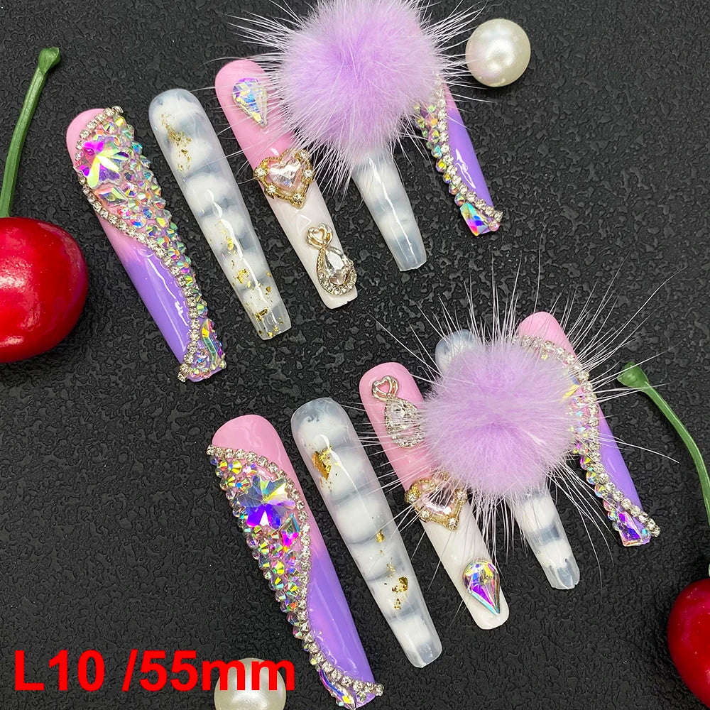 10PCS Full Decorated Soft Gel Thick Acrylic Handmade Nails Press on 55mm Extra Long Salon Design Artificial Fingernail Wholesale - L10 / 50g
