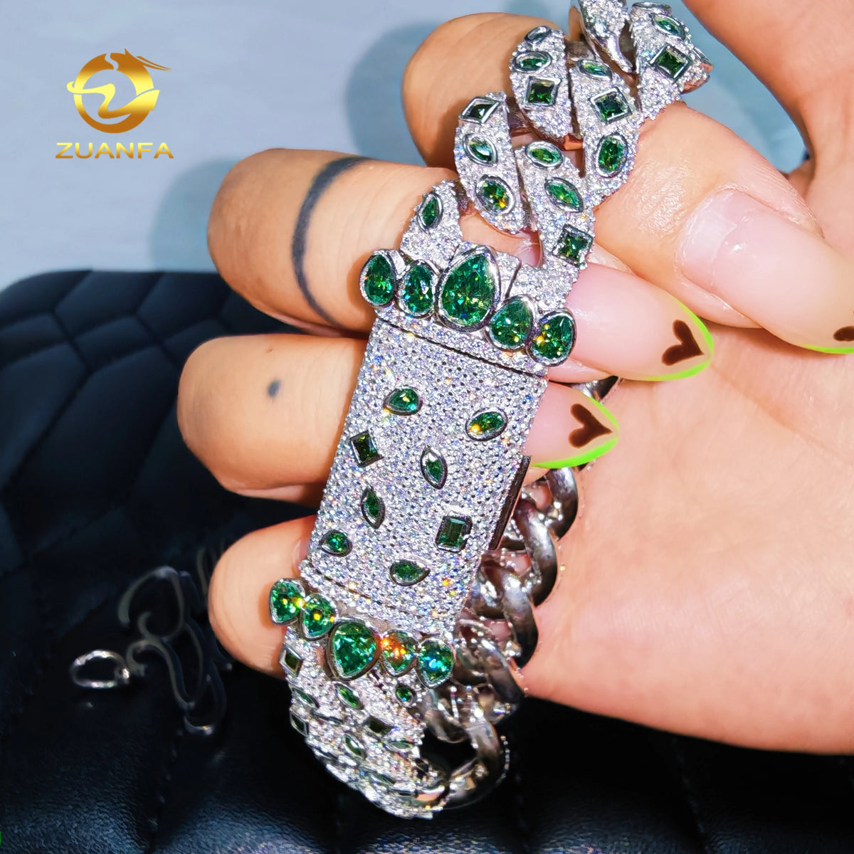 New Fancy Mixed Cuttings Bezel Set 15mm Cuban Chain Blue Green Moissanite GRA Certified 925 Miami Cuban Link Chain Bracelet