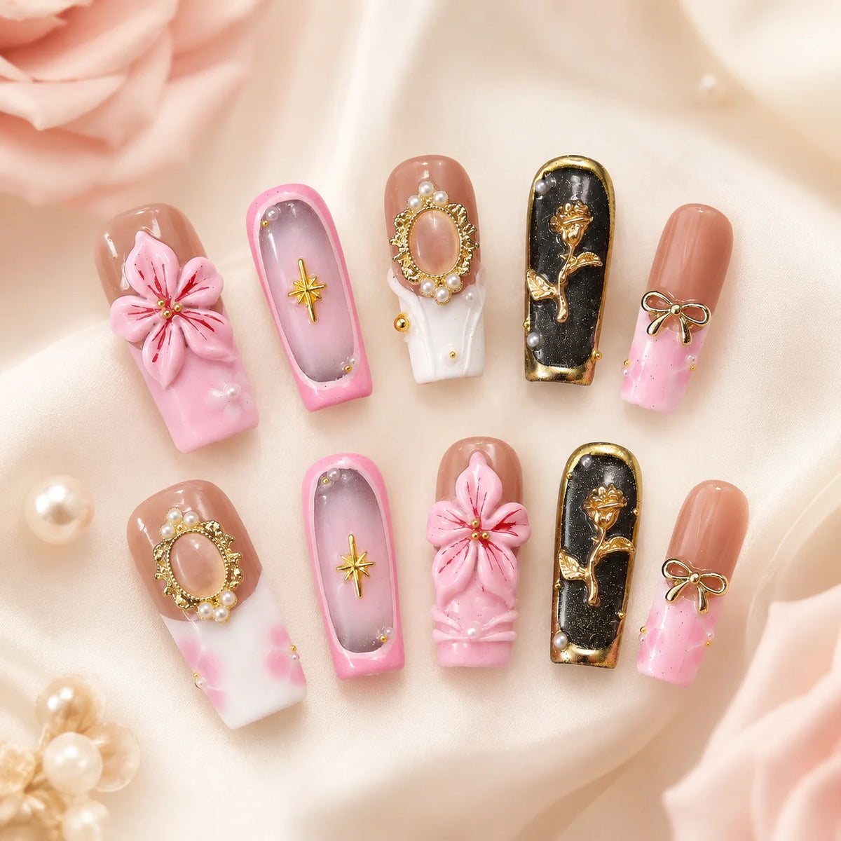 Romantic 3D Floral Artificial Nail Set Pink Bow Mirror Pearl Gold Press on Nails for Nail Salon Supply and Boutique Retail