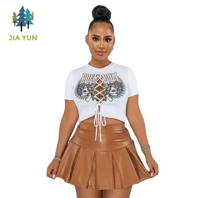 2026 New Arrivals Women Dress Suits Crop Tops Leather Skirt Summer Two Piece Skirt Set