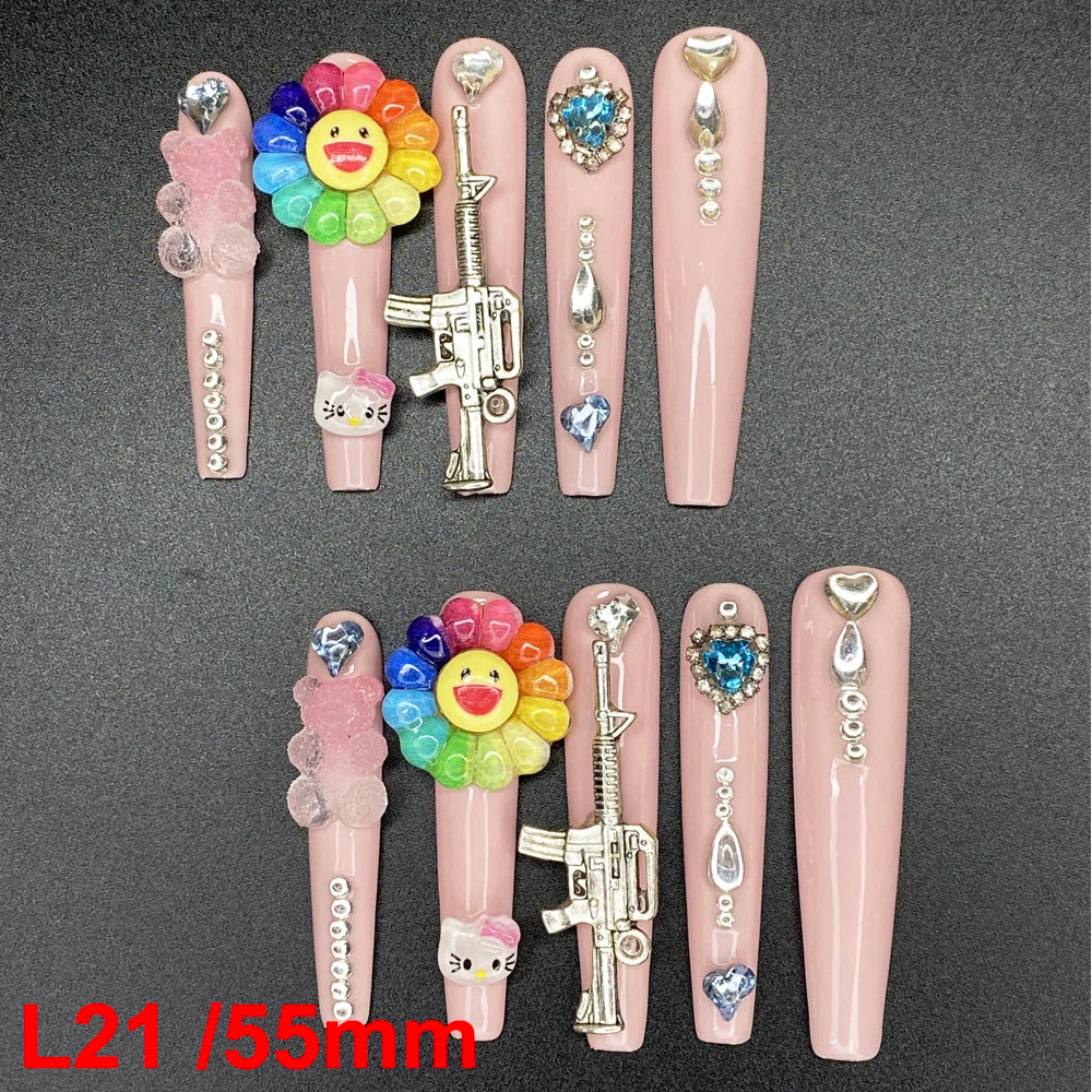 10PCS Full Decorated Soft Gel Thick Acrylic Handmade Nails Press on 55mm Extra Long Salon Design Artificial Fingernail Wholesale - L21 / 50g