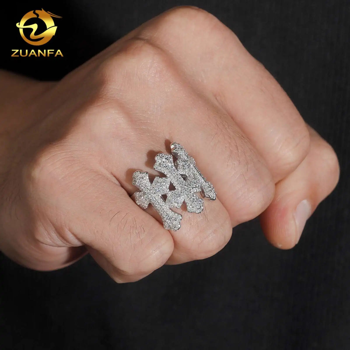 New Stock Moissanite Hip Hop Jewelry Iced Out Men Ring D VVS Moissanite Hip Hop Ring 925 Sterling Silver Cross Ring - Silver