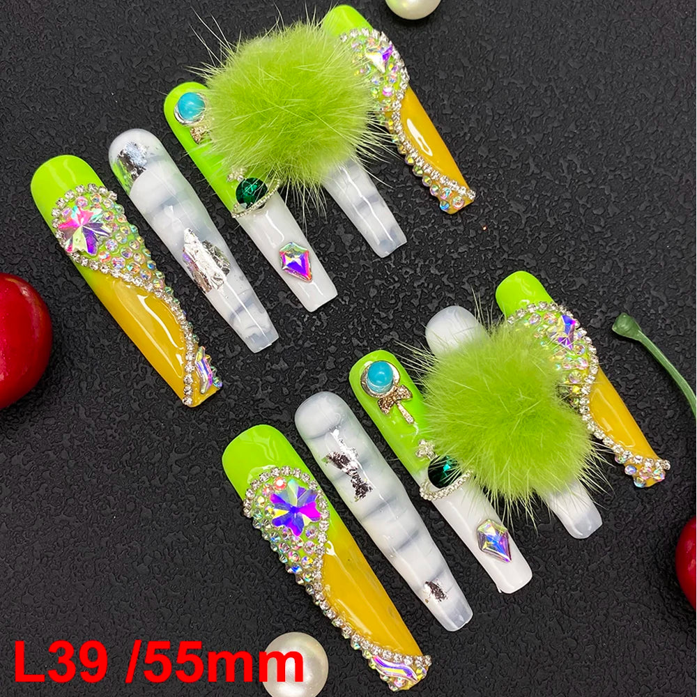10PCS Full Decorated Soft Gel Thick Acrylic Handmade Nails Press on 55mm Extra Long Salon Design Artificial Fingernail Wholesale - L39 / 50g
