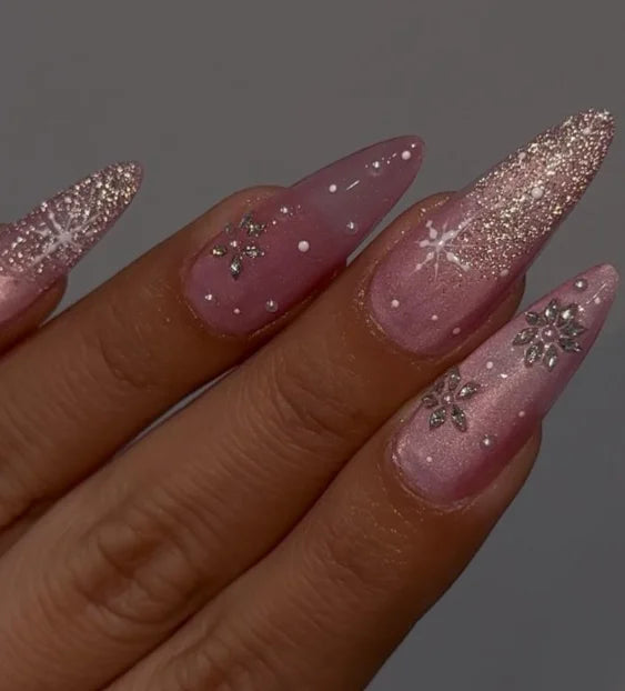 Pink Ombre Press on Nails Medium Stiletto Handmade Acrylic Nails with Glitter Square Butterfly Design Nail Art Salon