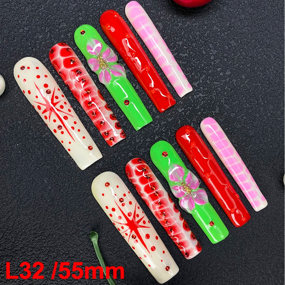 10PCS Full Decorated Soft Gel Thick Acrylic Handmade Nails Press on 55mm Extra Long Salon Design Artificial Fingernail Wholesale - L32 / 50g