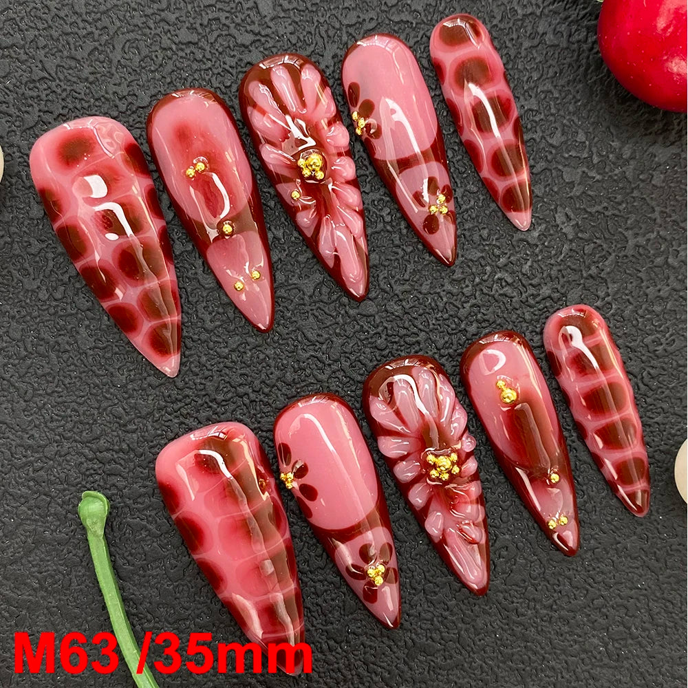 Gorgeous Salon Design Glossy Gel Carved False Nails Art Wholesale 10PCS Covered Decoration UV Gel Private Label Handmade Nails - M63 / 40g
