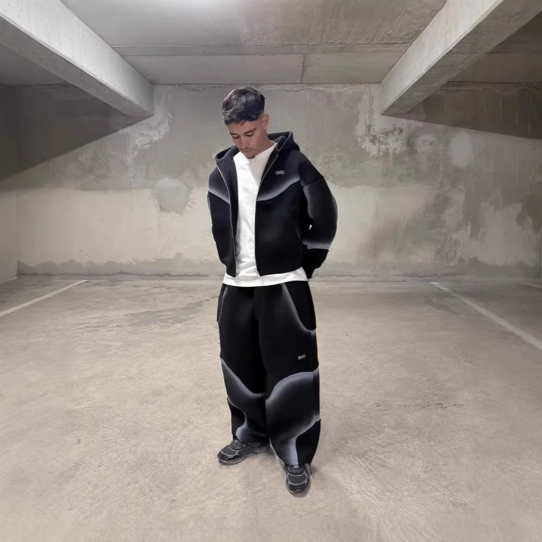 Y2K Deconstructed Gradient Print 2 Pieces Tracksuit Unisex Zip up Cropped Hoodie + Shorts Futuristic Streetwear Sweat Set