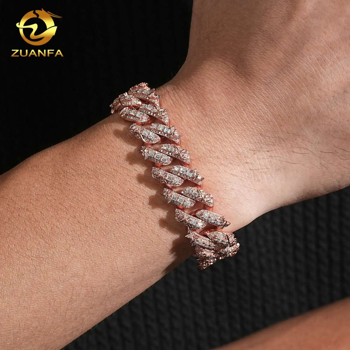 Hip Hop Moissanite Bracelet 925 Sterling Silver Rose Gold Plated GRA Moissanite Iced Out Diamond Cuban Link Bracelet - FH2289--16mm