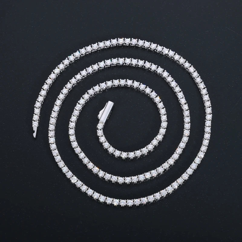 Fine Jewelry White Gold Plated 925 Sterling Silver VVS Moissanite Diamond Cluster Iced Out Tennis Chain Necklace for Men Women - 2mm-White Gold