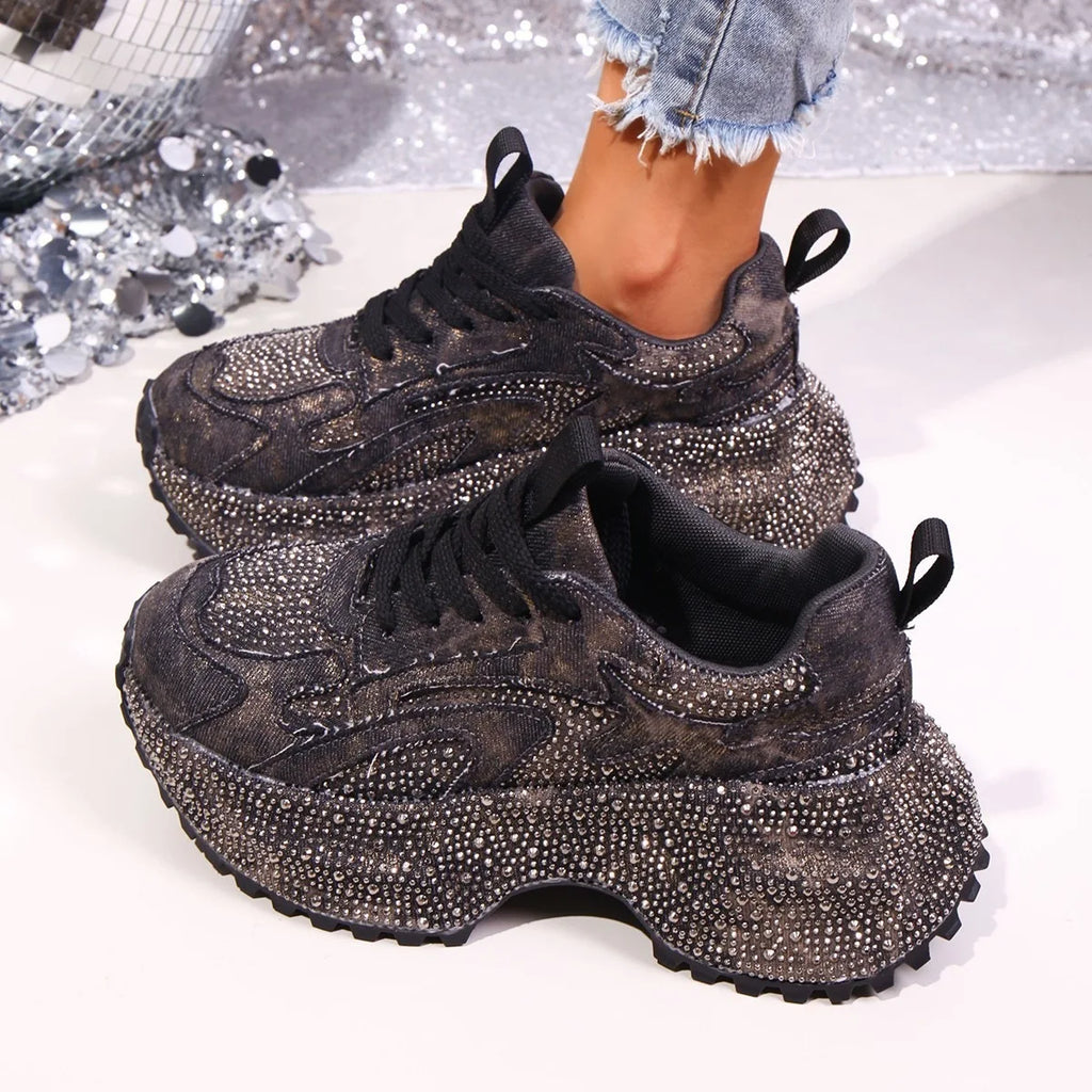 2026 Fall New Luxury Beautiful Bling Bling Rhinestones Beaded Lace Up Platform Sneakers for Women Old Dad Shoes Sports Shoes