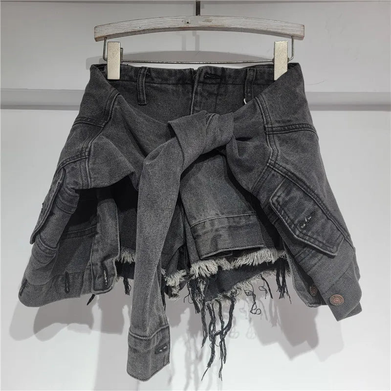 Z1160-2026 New Arrival Summer High-Waisted Stylish Knotted Retro Denim Skorts for Women