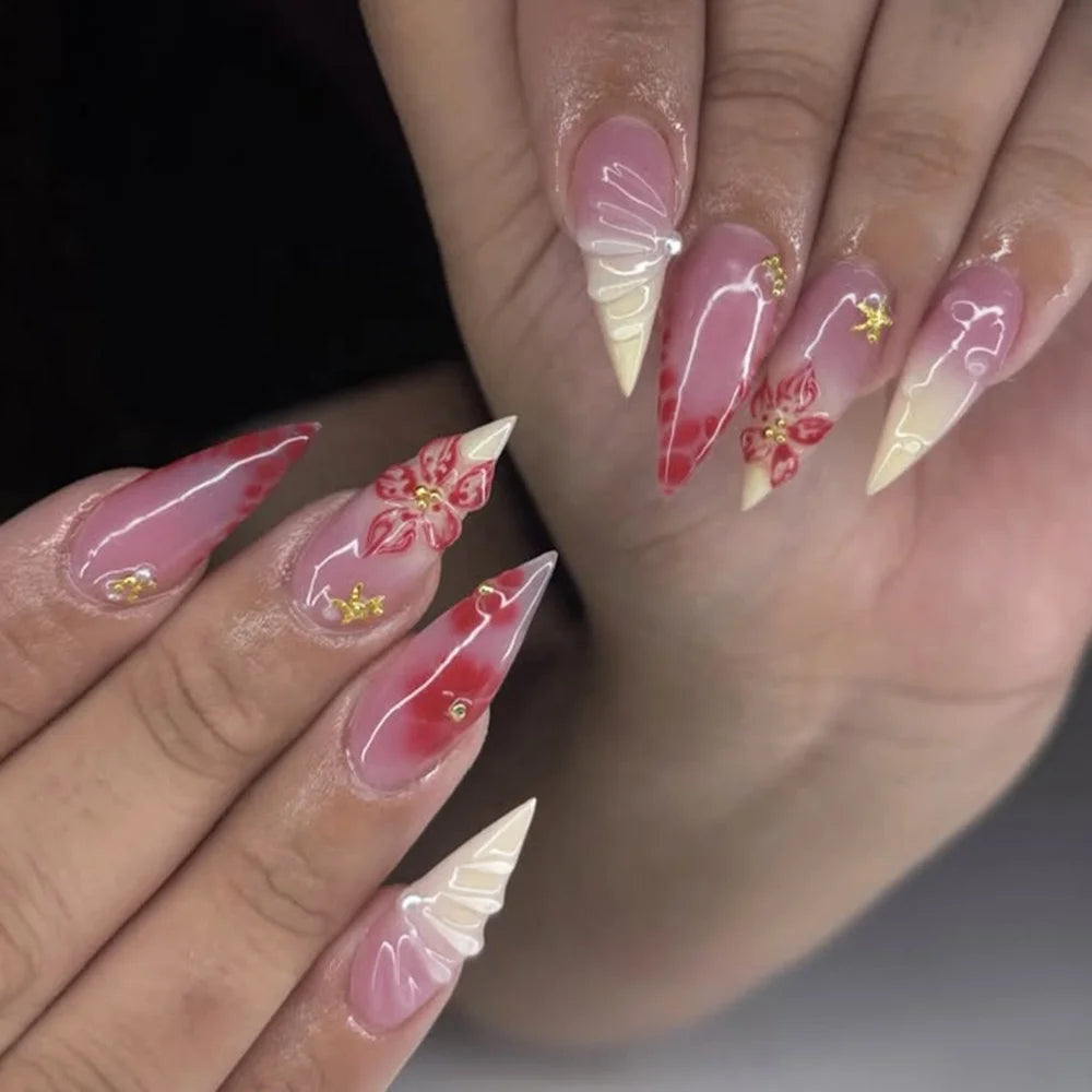 Gorgeous Salon Design Glossy Gel Carved False Nails Art Wholesale 10PCS Covered Decoration UV Gel Private Label Handmade Nails