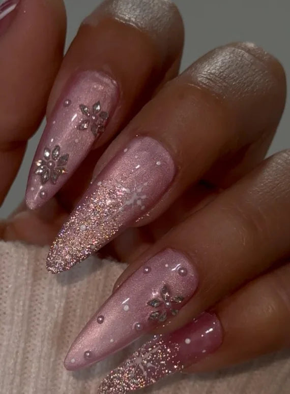 Pink Ombre Press on Nails Medium Stiletto Handmade Acrylic Nails with Glitter Square Butterfly Design Nail Art Salon