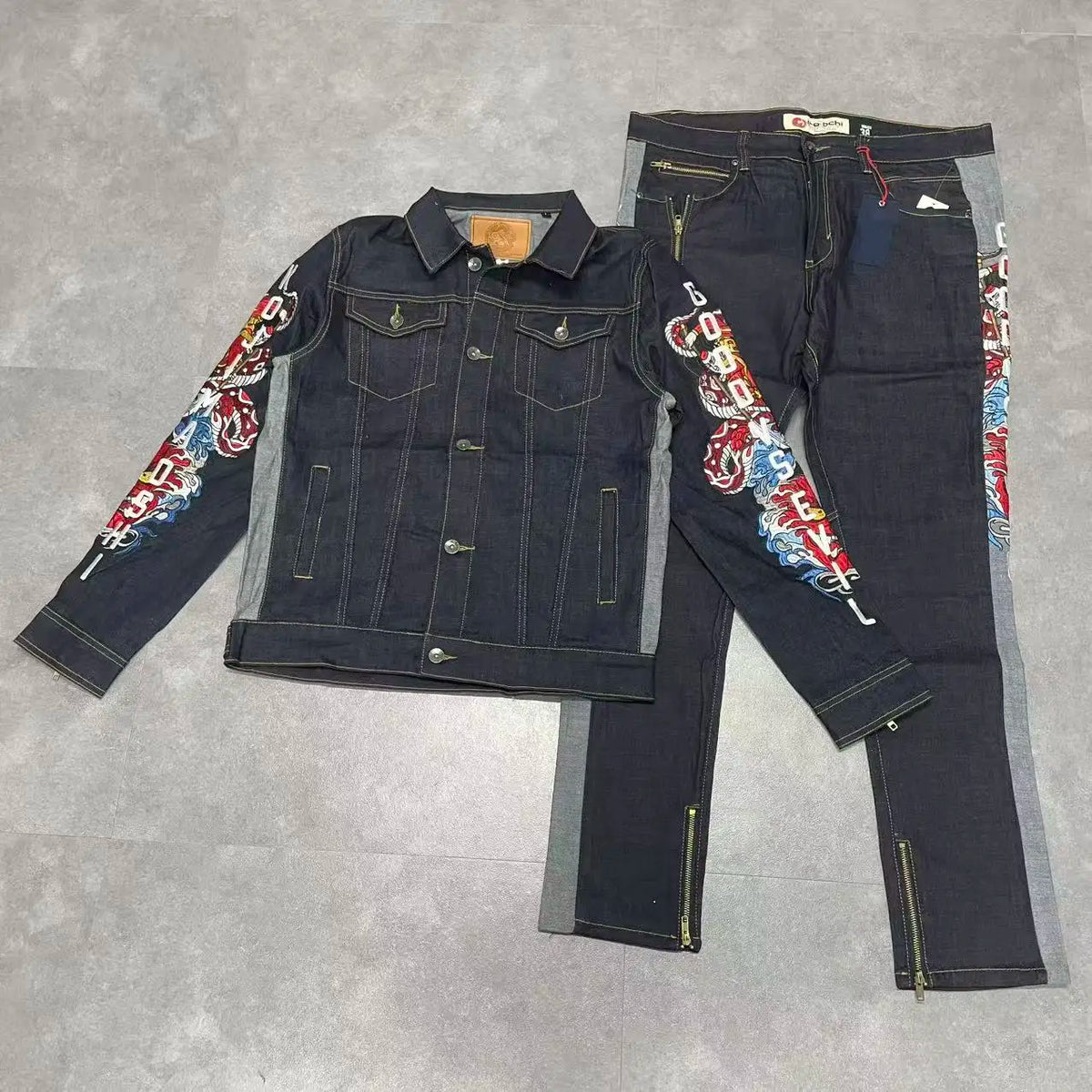 Streetwear Denim Jacket and Jeans Set Men Embroidery Dragon Patch Zip Detail Black Casual Outfit Stock - Navy