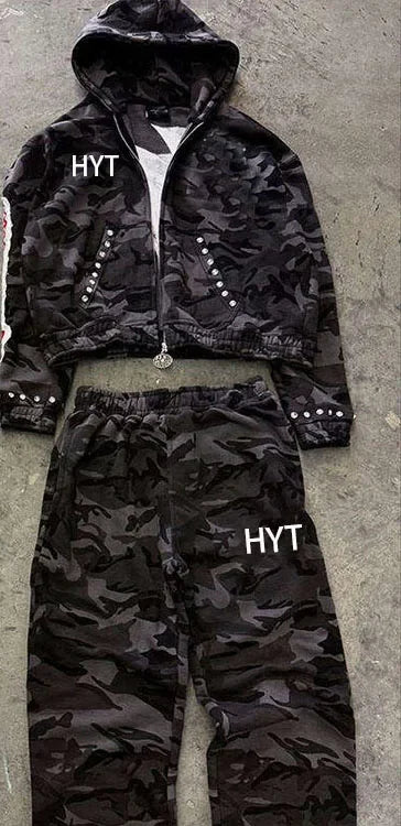 Tracksuits Men Full All Over Dtg Print Zip up Hoodie Streetwear Baggy Stacked Vintage Flared Sweatpants and Hoodies Set - Black