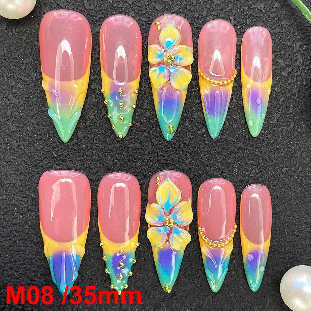 Gorgeous Salon Design Glossy Gel Carved False Nails Art Wholesale 10PCS Covered Decoration UV Gel Private Label Handmade Nails - M08 / 40g