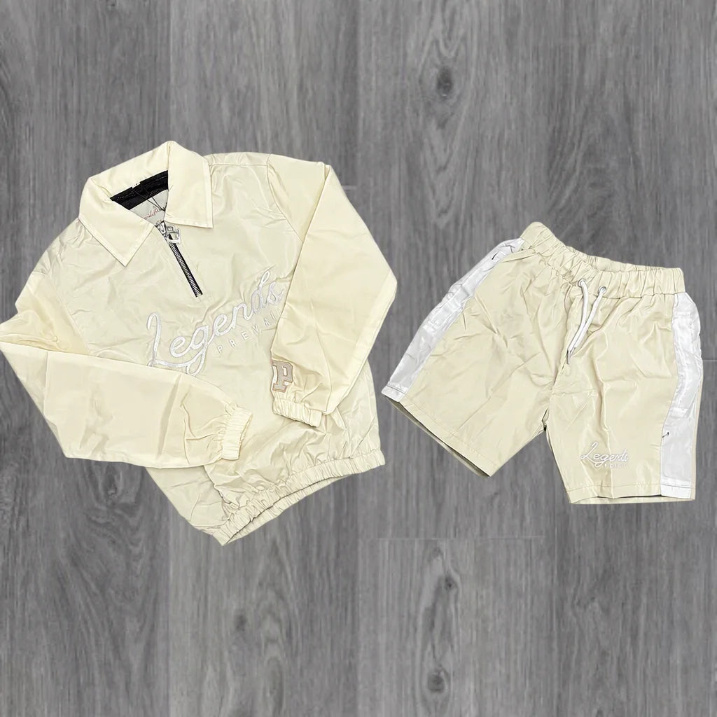 Custom Streetwear Men Windbreaker Nylon Jacket and Shorts Set Zip up Nylon Two Piece Windbreaker Short Set Tracksuit for Mens - Beige