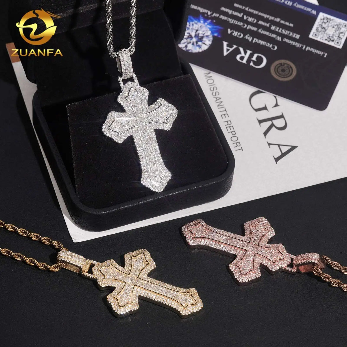 Hip Hop Iced Out Fine Jewelry 18K Gold Plated 925 Sterling Silver VVS Moissanite Pass Diamond Tester Cross Charm Pendant