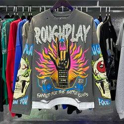 High Quality Heavyweight 100% Cotton New Brand Rough Play Long Sleeved High Street Retro Acid Washed Print Eco-Friendly Hoodies - Gray1