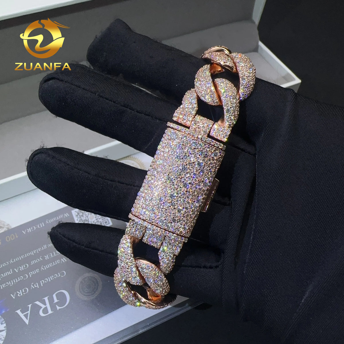 12mm 15mm 18mm Width Fashion Stylish Mosaic Setting New Design S925 Iced Out Hip Hop Jewelry VVS Moissanite Man Cuban Bracelet - Rose-18mm FH2872
