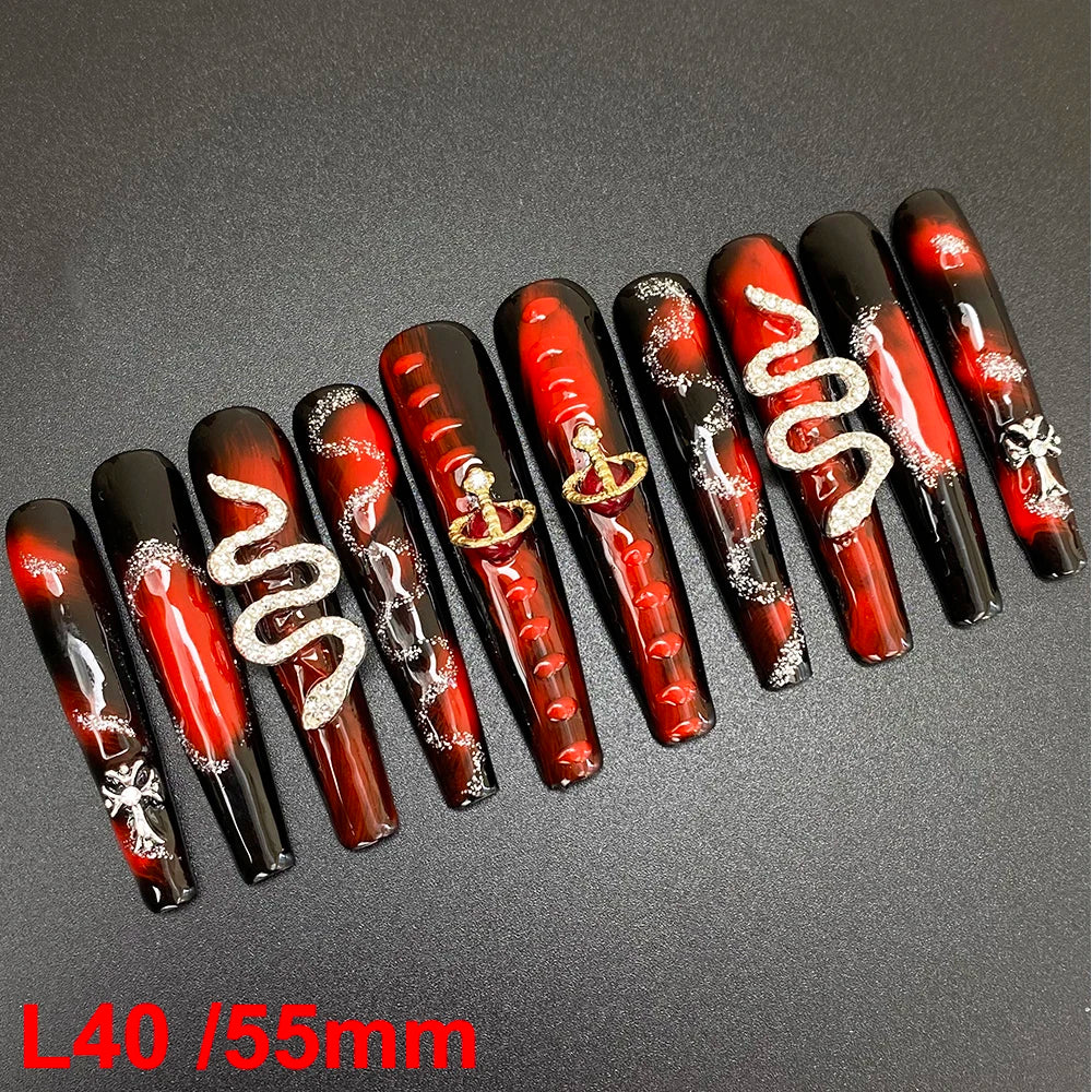 10PCS Full Decorated Soft Gel Thick Acrylic Handmade Nails Press on 55mm Extra Long Salon Design Artificial Fingernail Wholesale - L40 / 50g