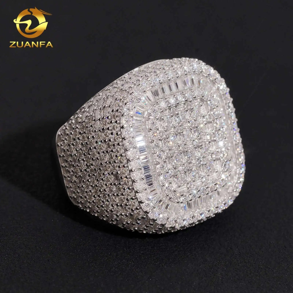 2026 New Arrivals Fashion Jewelry Square Shape Iced Out Hip Hop Moissanite 925 Sterling Silver Claw Setting Pinky Finger Ring - Silver