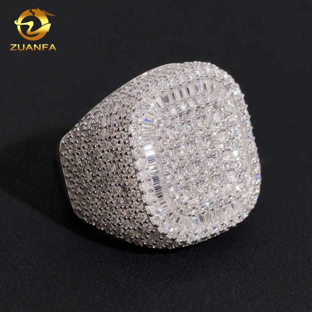 2026 New Arrivals Fashion Jewelry Square Shape Iced Out Hip Hop Moissanite 925 Sterling Silver Claw Setting Pinky Finger Ring - Silver