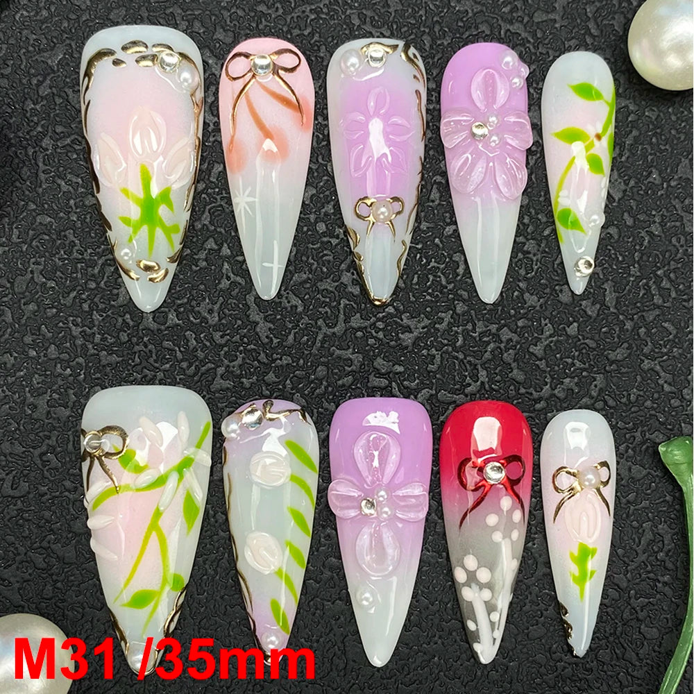 Gorgeous Salon Design Glossy Gel Carved False Nails Art Wholesale 10PCS Covered Decoration UV Gel Private Label Handmade Nails - M31 / 40g