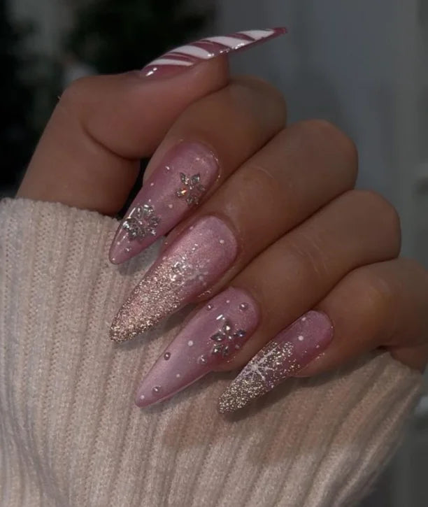 Pink Ombre Press on Nails Medium Stiletto Handmade Acrylic Nails with Glitter Square Butterfly Design Nail Art Salon
