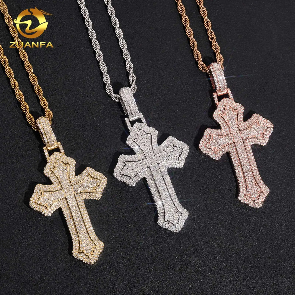 Hip Hop Iced Out Fine Jewelry 18K Gold Plated 925 Sterling Silver VVS Moissanite Pass Diamond Tester Cross Charm Pendant