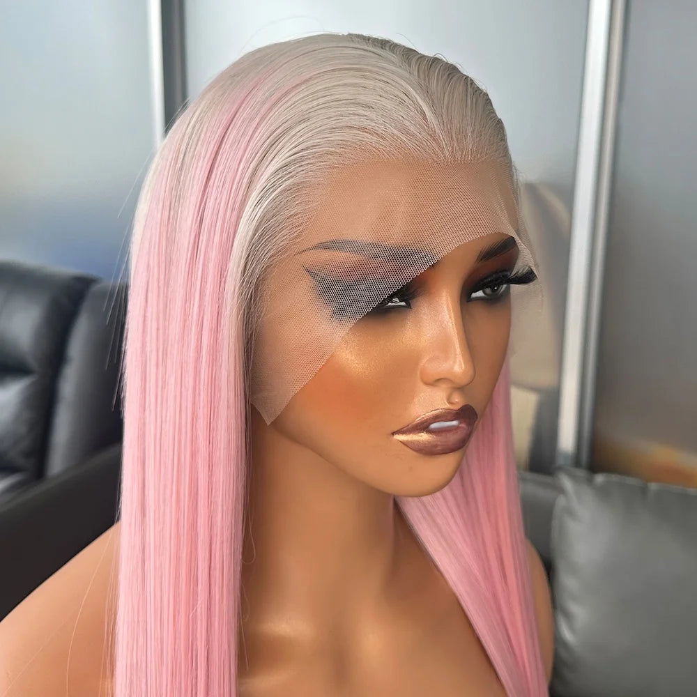 Long Silky Straight Ombre Pink Color Wigs Futura Fiber Hair 13x4 Synthetic Lace Front Wigs for Black Women