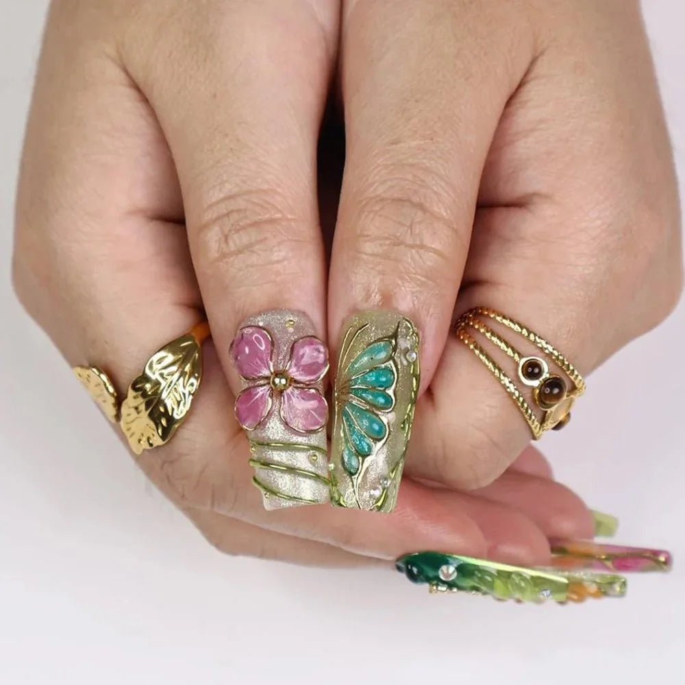Gorgeous Salon Design Glossy Gel Carved False Nails Art Wholesale 10PCS Covered Decoration UV Gel Private Label Handmade Nails