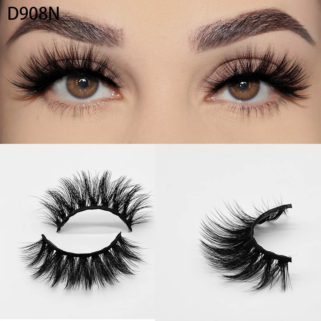 8D Wispy Cat Eye Fox Faux Mink Lashes 5 Pairs Full Strip Winged Eyelashes Pack - Natural Long / plastic lashes tray / D908N